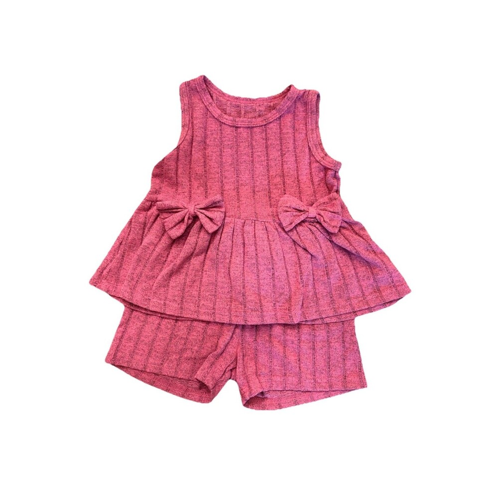 Girls 1-2T Sleeveless Bow Top & Shorts Summer Outfit Wine Red Fuchsia
